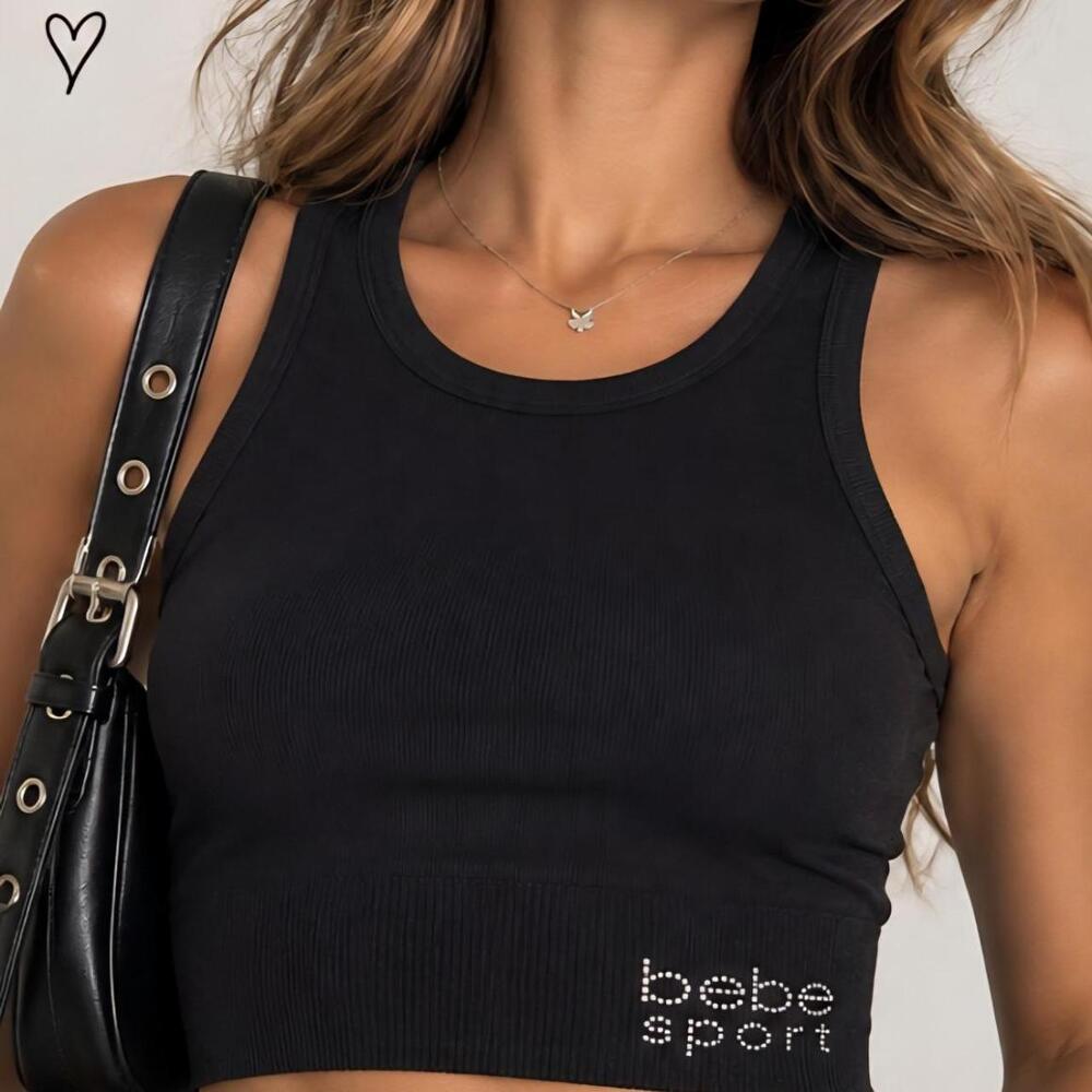 NWT Y2K Bebe Sport Rhinestone Black Ribbed Tank Top L